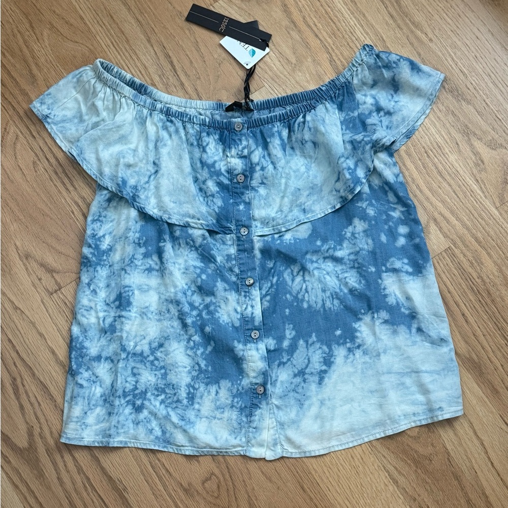 1250°C Off Shoulders Tie Dye Blouse, Light Blue, Size Small, NWT
